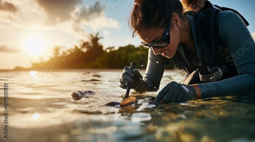 Marine conservation action woman conducting research in shallow waters tropical beach nature environment up-close view eco-friendly initiative