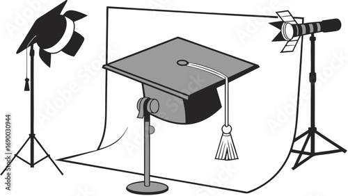 Graduation cap photography studio setup academic achievement educational concept illustration flat lay lighting equipment graphic design element vector illustration graduation ceremony school college.