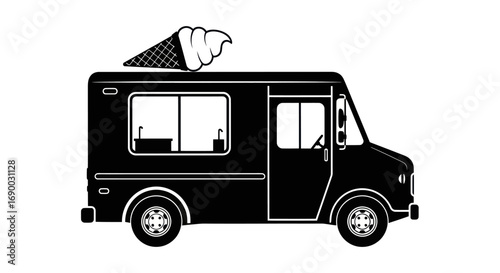 Black silhouette of a classic ice cream truck with a large cone on its roof.