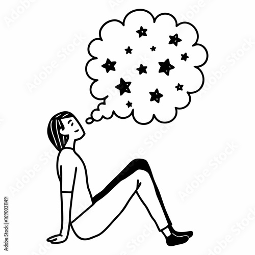 Illustration of a person dreaming of stars and imagination concept in black and white vector art style