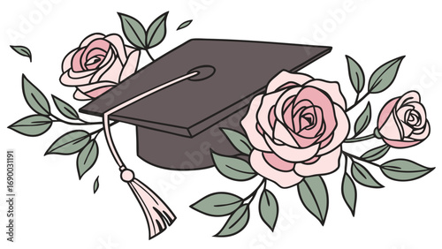 Graduation cap with roses floral graduation illustration academic achievement commencement ceremony education success celebration diploma degree university college school flower roses pink roses gree.