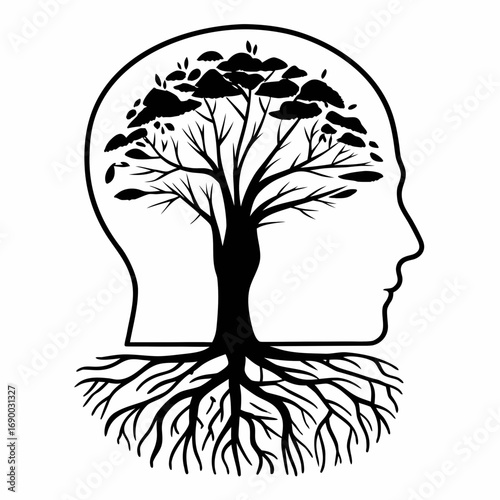 Tree of life mind concept for mental health and growth with roots and branches silhouette illustration