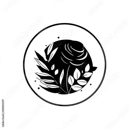 A black and white icon of a realistic or minimalist flower enclosed within a perfect circle frame. This elegant design blends natural beauty with a clean, geometric form