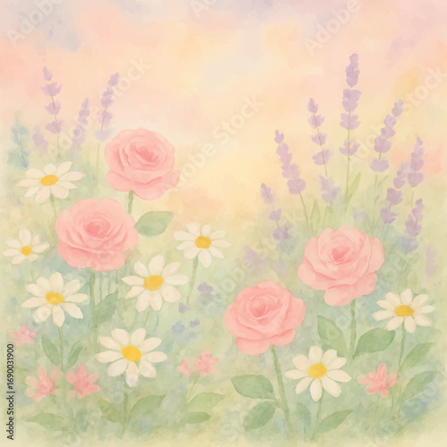 A delicate watercolor garden full of roses, daisies, and lavender, pastel background, dreamy aesthetic in watercolor style 