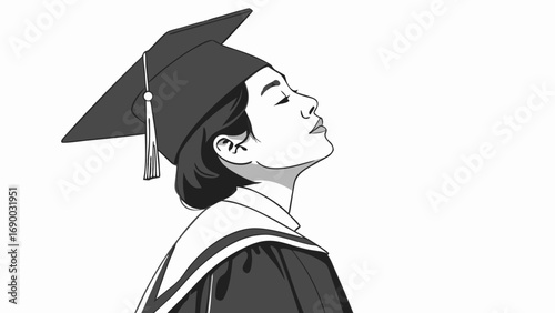 Graduation cap gown student portrait profile achievement success ceremony education academic graduate commencement diploma degree black and white illustration vector artwork art design graphic stylis.