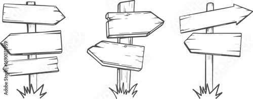 Engraved vector sign post board set doodle style black and white monochrome art. Information blank label arrows. illustration