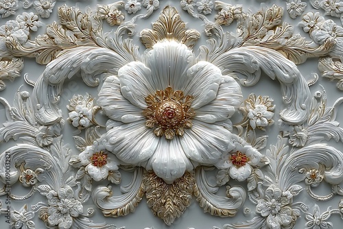 White and gold embossed floral plaster wall ornament image