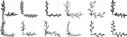 Floral frame half corner rectangle wedding flourish hand drawn doodle sketch monochrome set in minimalistic style. illustration