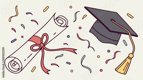 Graduation Ceremony Illustration Diploma Cap and Confetti.