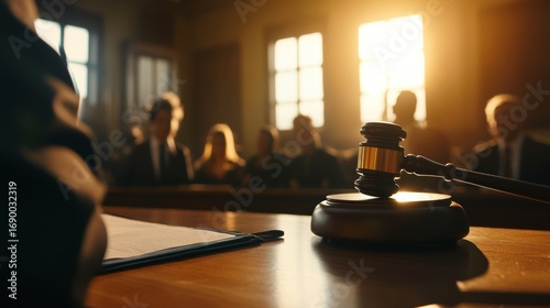 Courtroom proceedings of justice local courthouse legal action evening light close-up view justice system in action