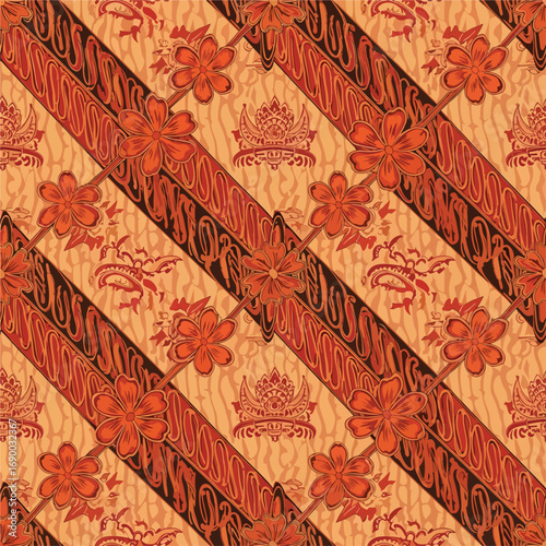 Detailed Indonesian batik pattern featuring diagonal bands and floral accents, seamless pattern, Stock royalty free image.
