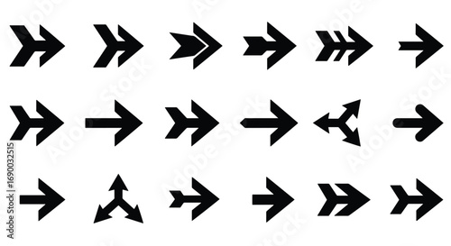 Twenty stylized black arrow icons pointing to the right, showcasing various designs and shapes.