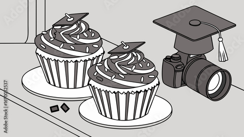 Graduation Cupcakes Photography Still Life Illustration Dessert Camera Education Concept.