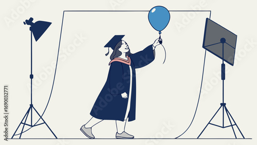 Graduation photoshoot student in cap and gown holding a balloon studio photography celebration achievement success future hope education commencement ceremony diploma degree graduate happy joyful you.