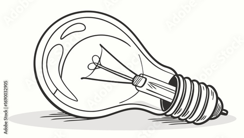 Hand-drawn illustration of a light bulb lying on its side showing filament and screw base black and white line art creative idea concept.