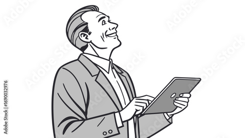 Happy businessman using tablet looking up profile view grayscale illustration technology success digital communication planning strategy modern stylish elegant professional corporate business finance.