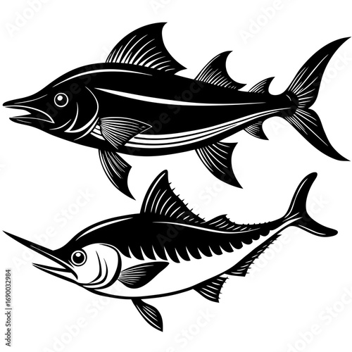 Vector art of two marlin fish in black and white, showcasing different species and angles