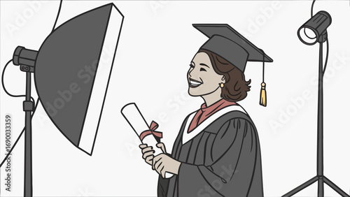 Happy Graduate in Studio Photography Setting with Diploma.