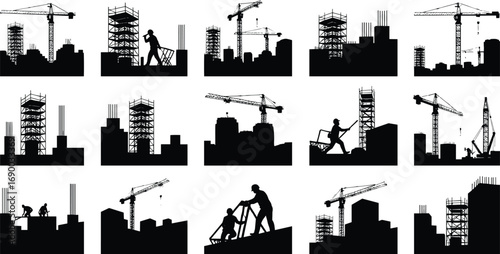 Construction site silhouettes, cranes, scaffolding, workers, building structures, heavy machinery, industrial construction, architecture, labor, urban development, engineering, safety, 