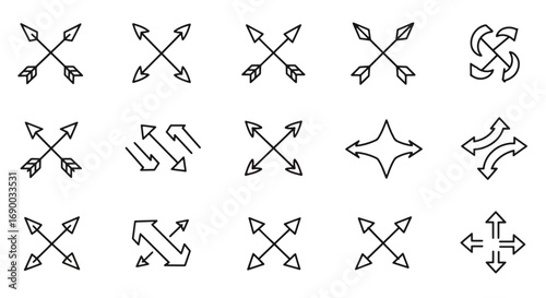 A collection of various arrow icons displaying different directions and movements, all in a linear style.