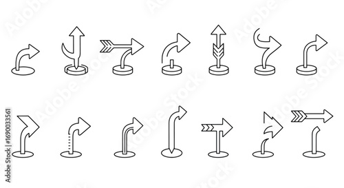Set of various direction indicators, pointing and curving, in a simple, line-art style.