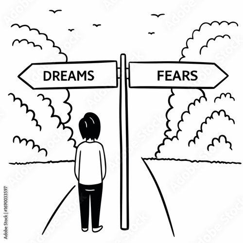 Dreams versus fears concept illustration of choosing the right path in life and overcoming obstacles