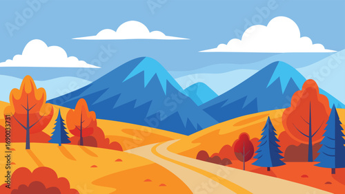Cartoon Landscape with Mountains, Autumnal Trees, Coniferous Pines, Clouds, and a Winding Road