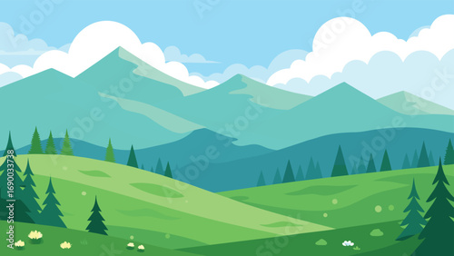 Cartoon Landscape with Green Hills, Mountains, Clouds, and Scattered Trees, Illustration Style