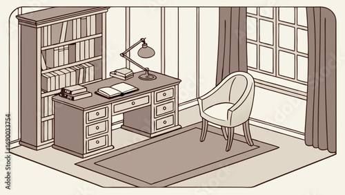 Isometric illustration of a home office with a desk chair bookcase and window.