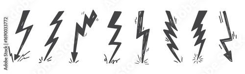 Lightning thunder stroke doodle scribble grunge pencil set. Simple Drawing charcoal textured elements. illustration