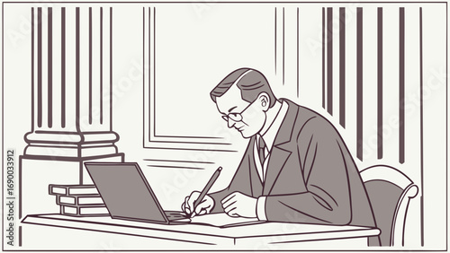 Man in suit writing at desk with laptop classic style illustration.