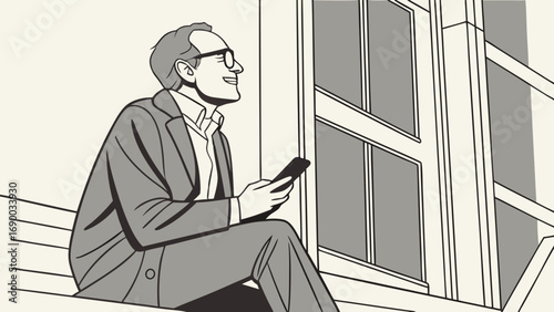 Man sitting outdoors using a smartphone black and white illustration minimalist style.