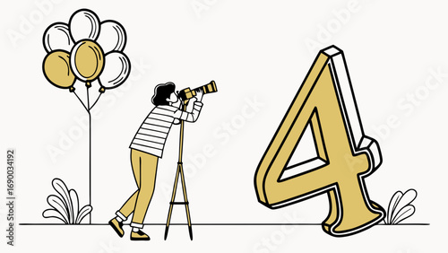 Photographer taking picture of number four with balloons in the background.