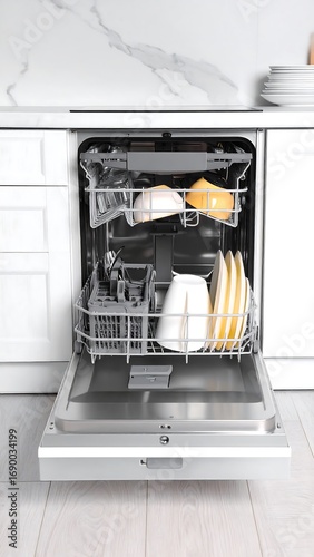 Open dishwasher with dirty dishes
