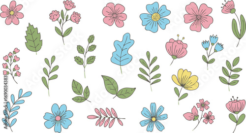 An assortment of hand-drawn floral elements and leaves in pastel colors, including pink, blue, yellow, and green, isolated on a white background.