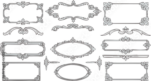 Collection of ornate, decorative frames and dividers in a vintage, engraved style, featuring floral and scrollwork elements.