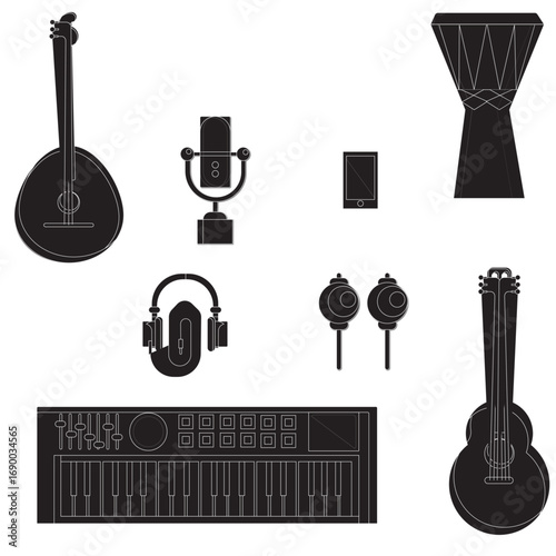 Set of traditional string instruments and modern digital music tools.