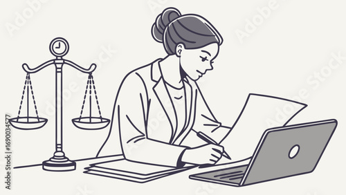 Professional Woman Working at Desk with Scales of Justice Illustration Legal Lawyer Law Business Office Workplace Legal Profession Justice Law Firm Attorney Contract Documents Laptop Pen Paperwork Wo.