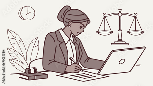 Professional working at a desk with laptop and legal documents.