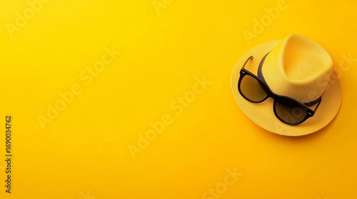 Stylish summer accessories hat and sunglasses on vibrant yellow background product photography bright environment eye-catching design