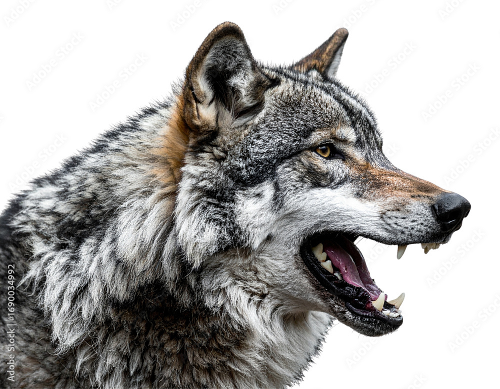 Fototapeta premium Alpha Wolf Head Close-Up with Fierce Expression, Side Angle Portrait, Transparent Background