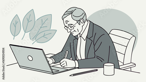 Senior man working on laptop writing notes office illustration business professional elegant minimalist style.
