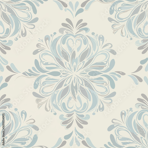 Elegant damask pattern with swirling floral elements in pastel hues background, seamless pattern, royalty free stock.