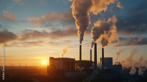 Industrial emission release at power plant sunset background photograph environmental impact wide angle view air pollution awareness