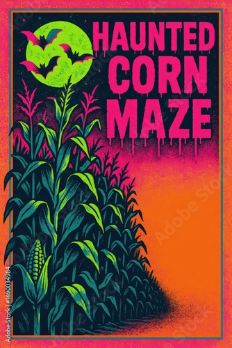 Colorful haunted corn maze illustration with bats. Perfect for festival flyers, haunted farm attractions, party invites and autumn promotions 
