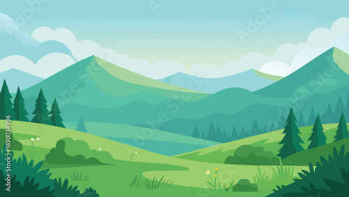 Cartoon Mountain Landscape Illustration with Pine Trees, Clouds, and Green Grass