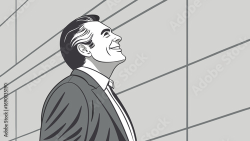 Smiling businessman looking up hopeful expression profile view monochrome illustration corporate success ambition positive attitude vector art.