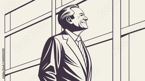 Smiling businessman portrait black and white vector illustration corporate profile success leadership executive professional business person manager ceo suit tie confident ambitious achievement goal .