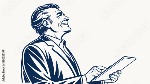 Smiling businessman using a tablet profile view vector illustration corporate technology digital happy success professional business work communication modern style graphic design elegant clean simpl.