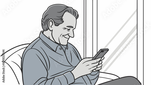 Smiling man using smartphone mobile phone usage illustration grayscale vector art.